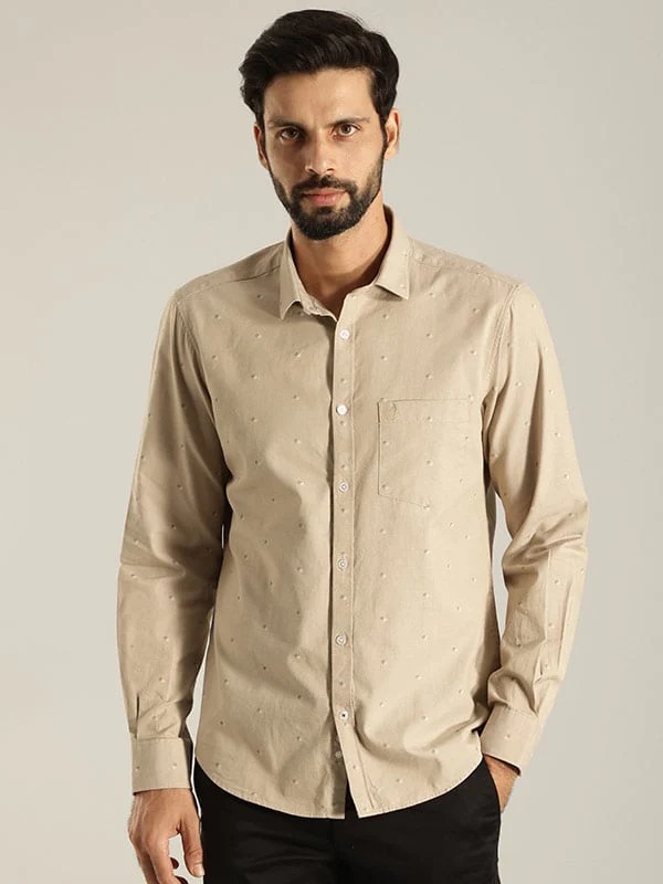 Indian Terrain Men's Slim Fit Full Sleeve All Over Print Khaki Shirt